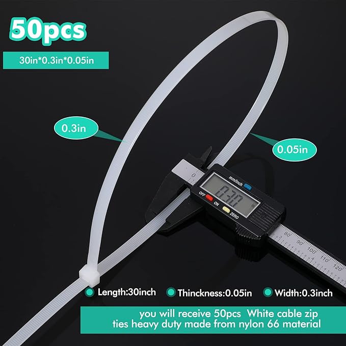 Shappy 50 Pcs Zip Ties Heavy Duty Strong Large Cable Wire Ties Zip Industrial Sturdy Wire, Awnings Tying Branches Bundling of Crops Fixed Water Pipes(30 Inch,White)