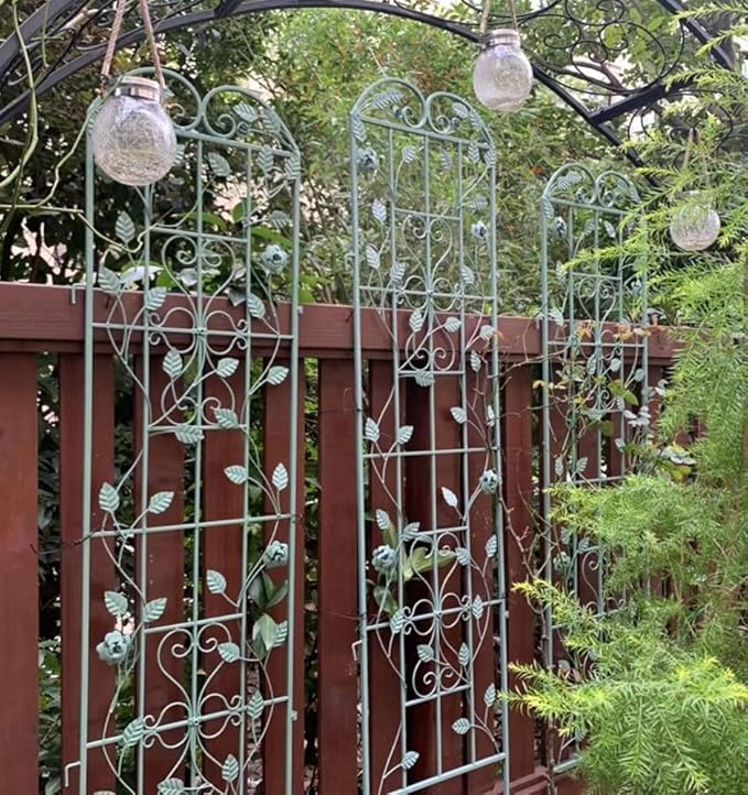 3 Pack Large Garden Trellis for Climbing Plants - 70.8 Inch Tall - Beautiful Retro Style Metal Fence Trellis - Gardening Vines Plant Support for Flower Rose Climbing(Color:B-Dark Green)