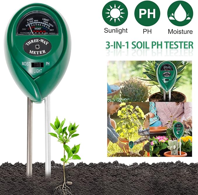 Soil pH Meter 3-in-1 Soil Tester Moisture, Light, pH, Meter Tool for Garden, Farm, Plant, Outdoor, Indoor, Lawn Care, Water Soil, Soil Hygrometer Sensor for Gardening, Test Kit for Garden