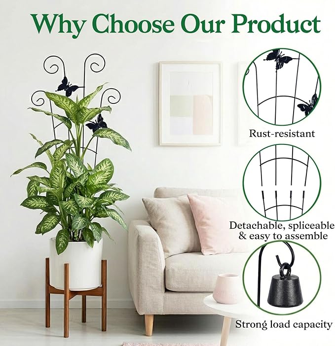 2 Pack 30 in Adjustable Plant Trellis Thickened Rust-Proof Metal Climbing Support Expandable 15-30 Inch Indoor Outdoor Garden Trellis for Pothos Ivy Monstera with Plant Ties