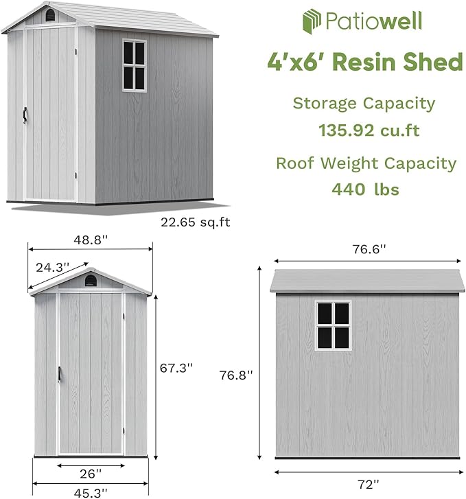 Patiowell 4 x 6 FT Plastic Outdoor Storage Shed with Floor, Resin Shed Outside Tool Shed with Window and Lockable Door for Backyard Garden Patio Lawn, Light Gray (Fit-it Shed)