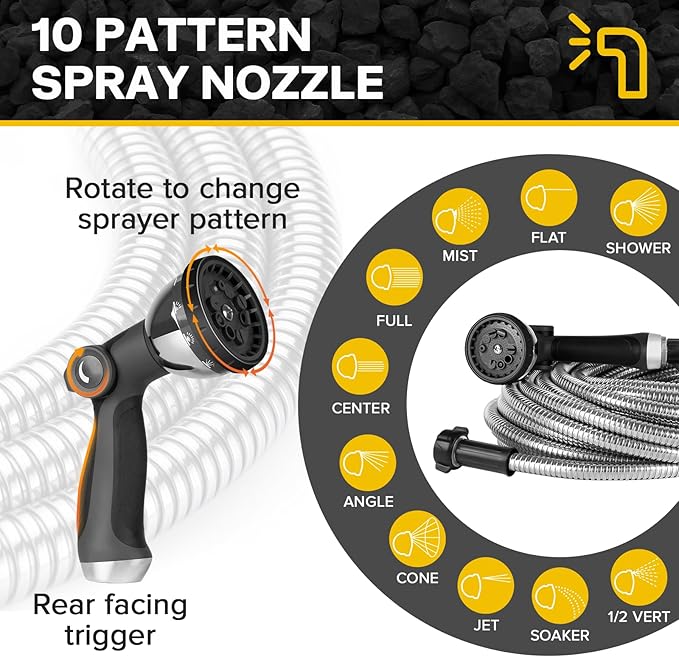 Metal Garden Hose 150ft Heavy Duty Stainless Steel Water Hose with Sprayer & Metal Fittings Flexible Lightweight Hose Puncture Proof Hose for Yard, Outdoors, Rv