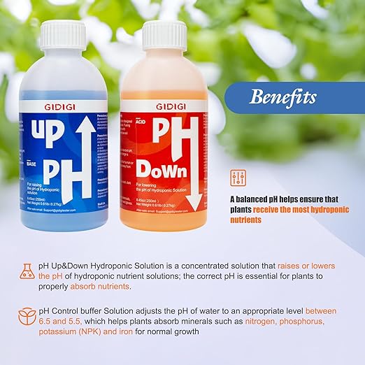 Hydroponics pH Up Down Solution pH Control Kit,pH Adjuster for Hydroponic, Aquaponic, Balance Nutrient Solution, Include pH Test Strips(8.45oz/250ml)