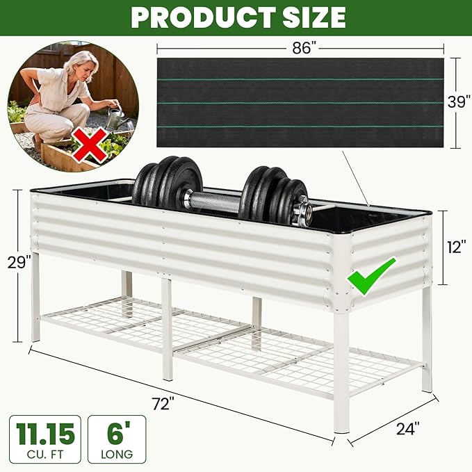 Elevated Raised Garden Bed 2' x 6'- Galvanized Metal Planter Boxes with Legs & Storage Rack, Outdoor Planters for Backyard/Patio/Balcony, with Drainage Holes for Vegetables, Flowers, Herbs, White