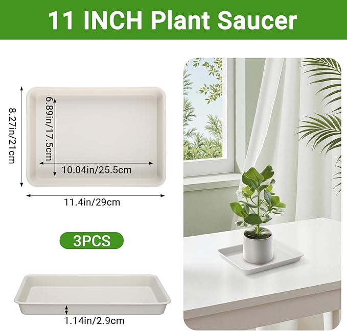 GREANER 11 Inch Plant Ttray, 3 Packs Durable Plastic Humidity Trays for Indoor Plants, Plant Saucers for Outdoors, Drip Trays for Potted Plants(Beige)