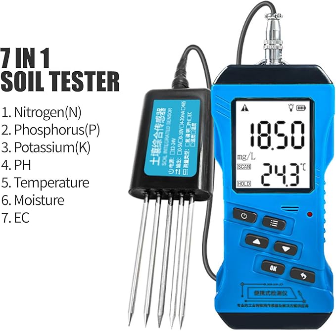 7 in 1 Soil Tester, Digital PH Moisture Nutrient Conductivity EC Meter, High Accuracy NPK Fertility Test for Gardening