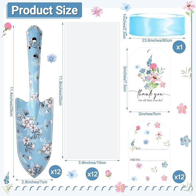 Capoda 12 Sets Floral Garden Shovels Bulk Gardening Gift for Women Garden Tools Floral Hand Heavy Duty Christmas Trowels Thank You Cards with Bags for Mom Gift Birthday Teacher(Blue,Bright)