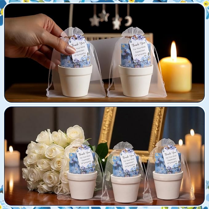 Ctosree 50 Sets Forget Me Not Seeds Packets Funeral Favors Celebration of Life with Flowerpot Thank You Tags Organza Bags for Funeral Memorial Loss of Loved One(Seeds Not Include)