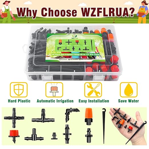 240-Piece Drip Irrigation Fittings Kit for 1/4" Tubing, Complete Set of Drip Barbed Connectors (Nozzle, Micro Dripper, Nozzle Tee, Single Barb, Coupling, Tee, Elbow, Plug, Cross, Stake)