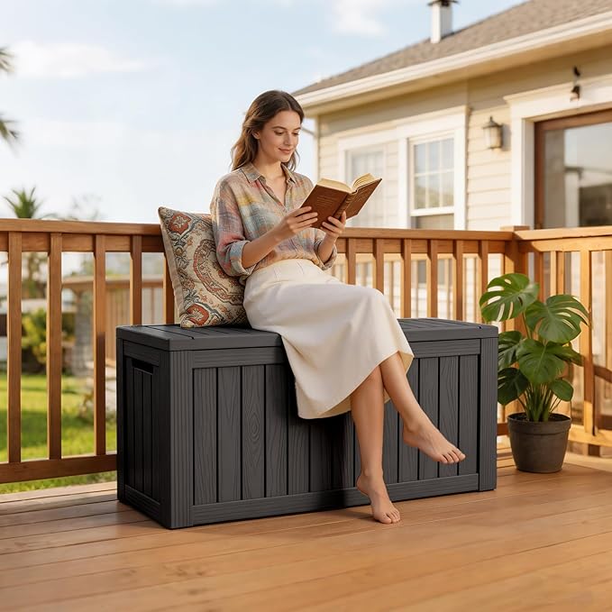 Outdoor Deck Storage Box, 90 Gallon Waterproof Deck Box, Resin, Lockable Patio Storage Box for Pool Accessories, Garden Tools, Cushion, Large Package Delivery，Weatherproof & UV-Resistant Storage Bench