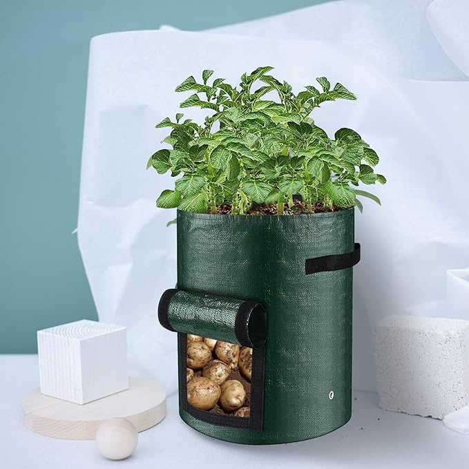 LITLANDSTAR 6 Pack Potato Grow Bags, 10 Gallon Grow Bags Garden Planting Bags with Flap Windows and Handles, Vegetable Grow Bags for Potato, Onion, Tomato, Carrot (Dark Green)