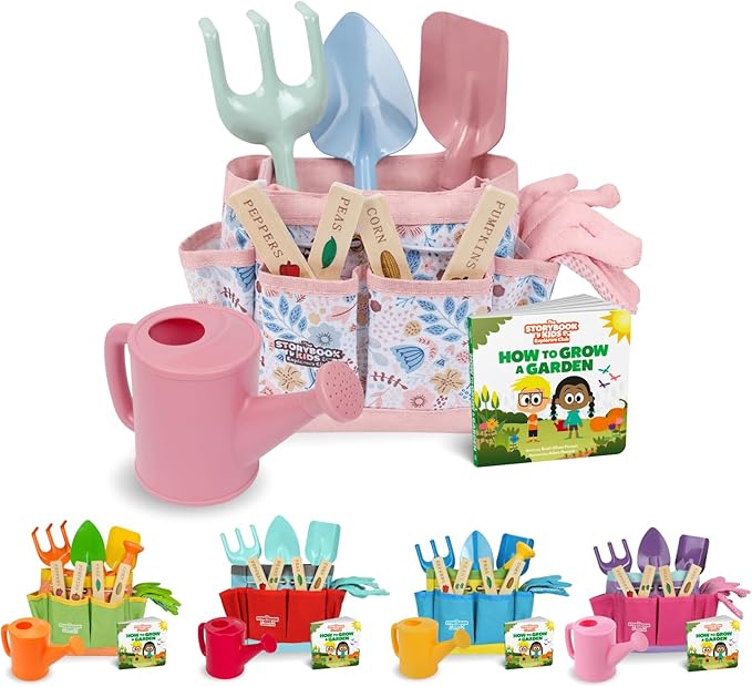 Floral Garden Kit Tools - Includes Sturdy Tote Bag, Watering Can, Gloves, Shovels, Rake, and Delightful Children's Book - Kids Garden Tool Set -Easter Gifts for Toddler Age on up