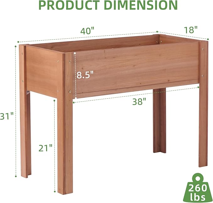 40x20x31 inch Raised Garden Bed with Legs, Elevated Wooden Planter Box for Outdoor Plants Flowers Fruits Vegetable Herb Growing