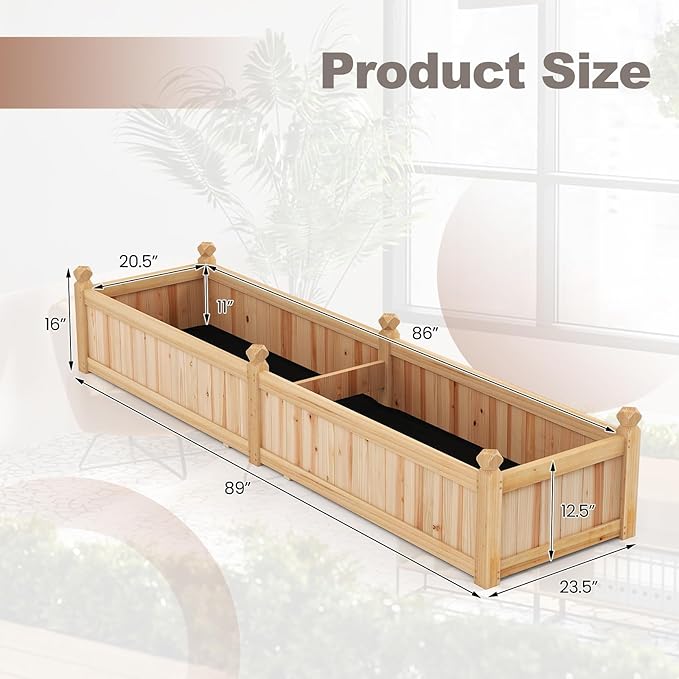 Giantex Wood Raised Garden Bed, Planting Bed with Corner Drainage, Non-Woven Liner for Growing Vegetables, Flowers, Herbs, Fruits, 89”x23.5”x16” Divisible Planter Box for Backyard, Garden, Lawn