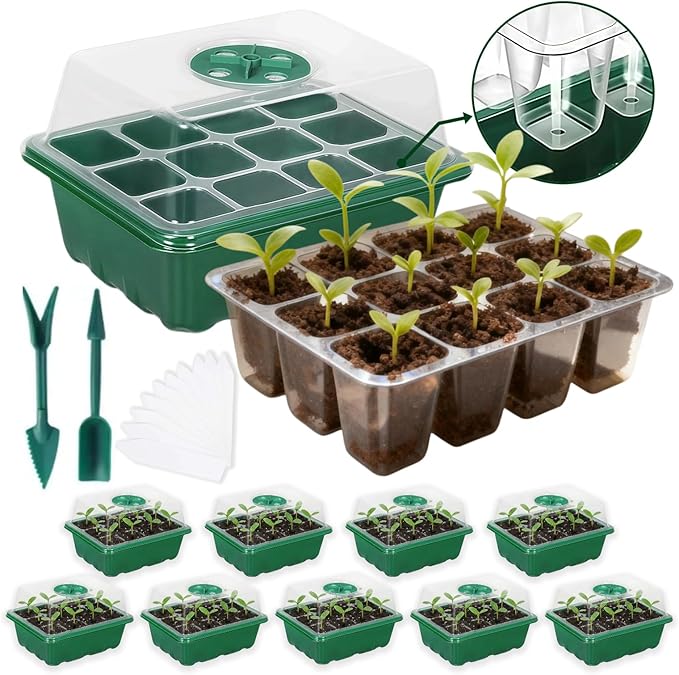 10 Pack Seed Starter Kit, 120 Cells Thickened Seed Trays with Humidity Dome, Base & Gardening Tools, Mini Greenhouse Germination Kit for Indoor Outdoor Vegetable Flower Growing