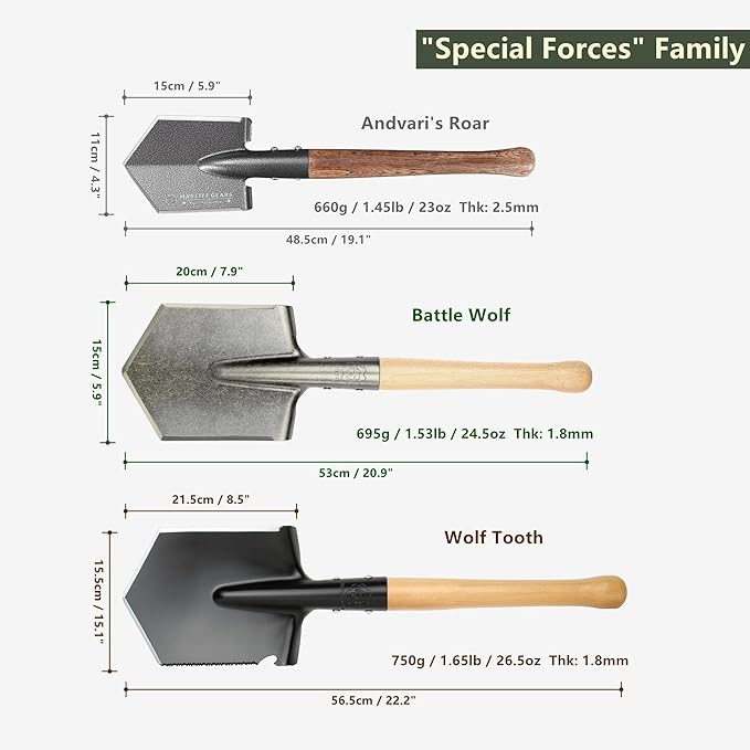 MASTIFF GEARS Battle Wolf Military-Grade Survival Shovel - Heavy Duty Carbon Steel w/Hardwood Handle | All-Weather for Camping, Hiking, Off-Road, Emergency | Digs Dirt/Sand/Snow/Mud (Wolf Tooth)