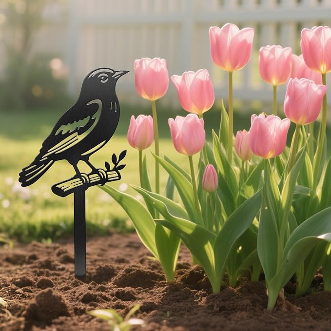 CUTHOLLOW Metal Plant Marker Stake Bird and Branch for Outdoor Indoor, Waterproof 11.8 inch Cute Garden Plant Labels Sign Tag for Herb, Farmhouse Greenhouse Decor - Funny Gardening Gifts