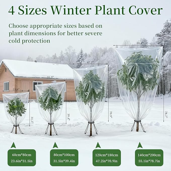 2 Pcs Winter Plant Covers Freeze Protection with Drawstring, 55.1"x78.7" Clear Plastic Film Shelter Bags, Waterproof Plant Frost Protection Covers for Outdoor Garden Shrubs Crops