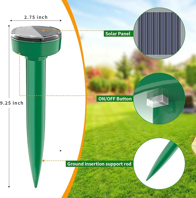 8 Pack Mole Repellent Ultrasonic Solar Powered Waterproof Outdoor Vole Chipmunk Gopher Groundhog Repeller Snake Rodent Sonic Spikes Deterrent Outdoor Mole Deterrent for Yard