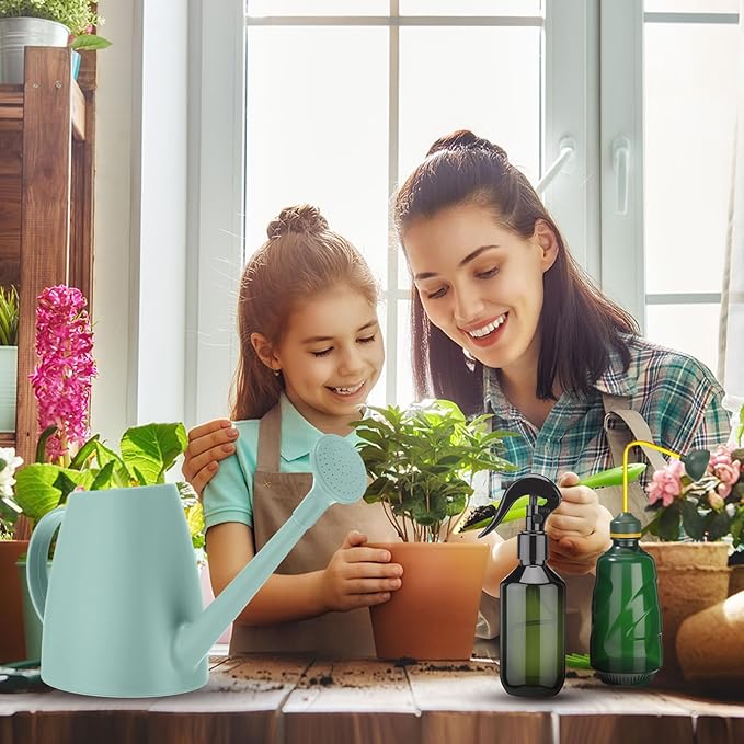 Reallnaive 6 Pcs Indoor Watering Can Set 1/2 Gallon Can 6.8 oz Spray Bottle 17 oz Squeeze Bottle Plant Watering Globes Soil Moisture Meter Small Spraying Sets for Indoor Outdoor(Mint Green)