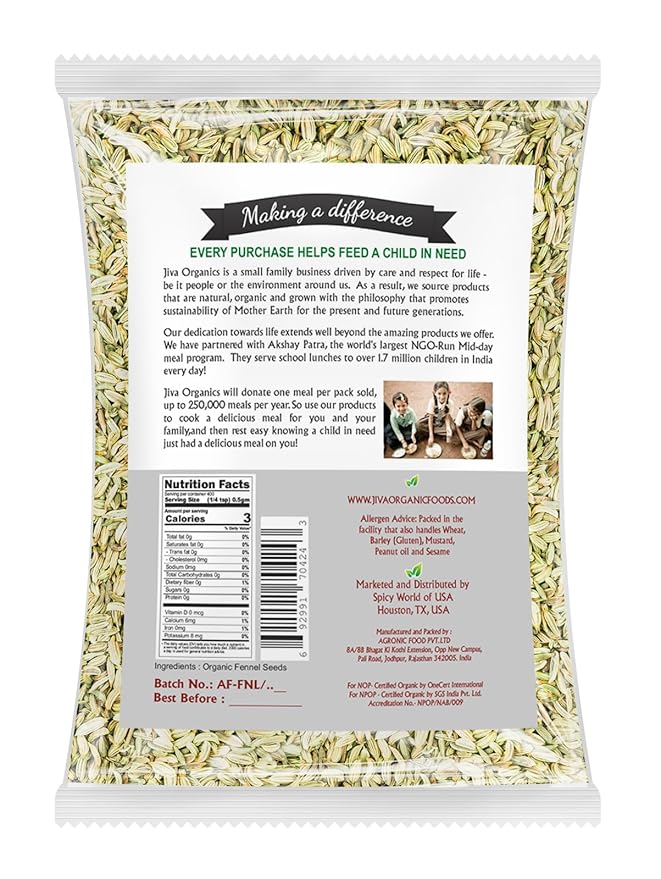 Jiva Organic Fennel Seeds 7 Oz Bag - Non-GMO, Certified, Vegan - Resealable Bag - Product of India