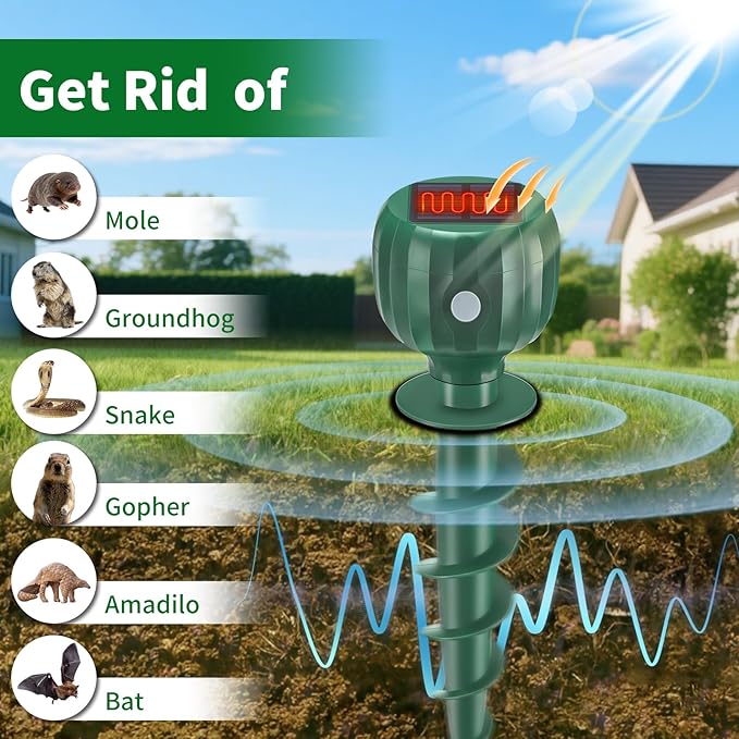 Mole Repellent Solar Powered, Waterproof Sonic Spikes Gopher Vole Groundhog Snake Chipmunk Mole Deterrent for Lawn & Garden 8 Pack