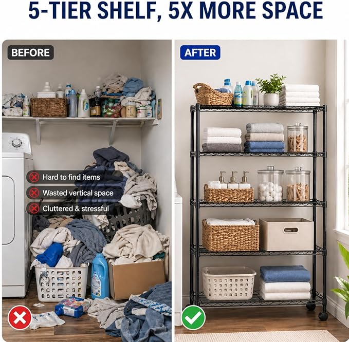 Simple Deluxe 5-Tier Heavy Duty Adjustable Shelf with Wheels, 23.23”W x 13.39”D x 59.45”H,Metal Storage Rack, Easy Tool-Free Assembly for Garage, Warehouse, Basement, Laundry, Black
