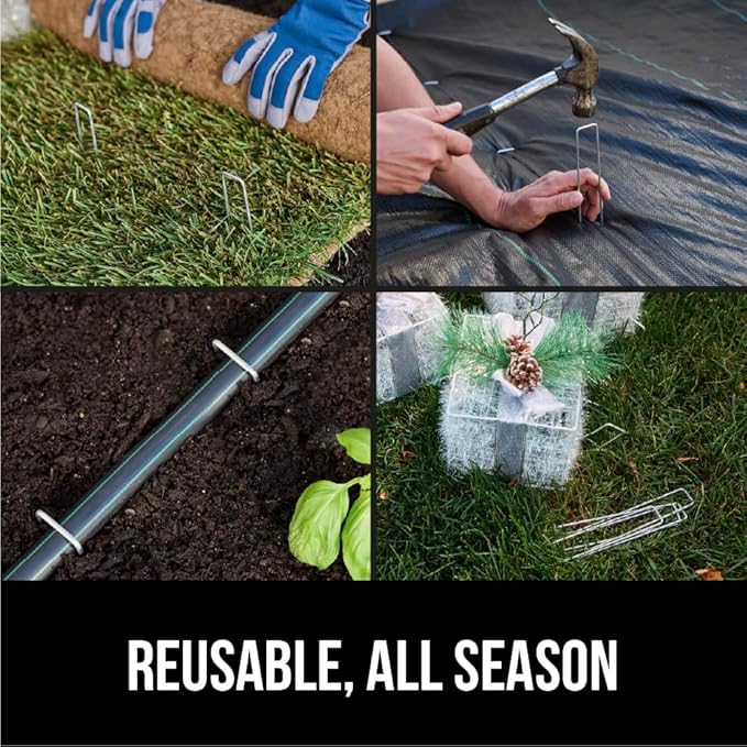 GORILLA GRIP 100 Pack Strong Galvanized Steel Landscape Staples, Rust-Resistant Sharp Tips, Plant and Garden Stakes, Adjustable Ground Yard Anchors, Outdoor Metal Landscaping Pins for Lawn, 6 Inch