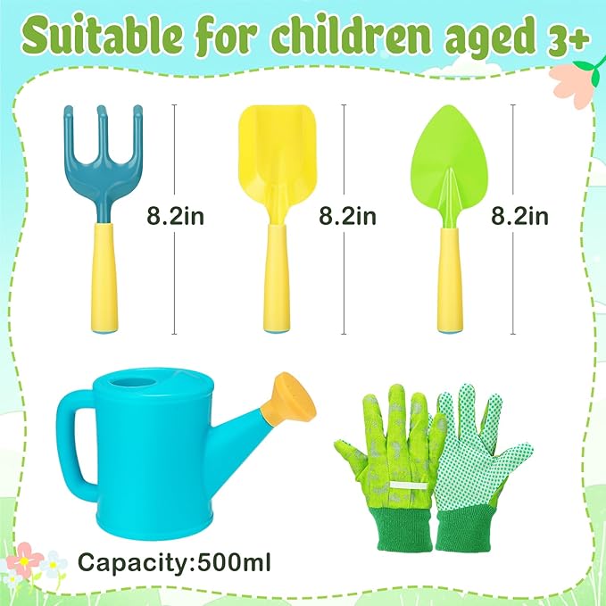 Biubee Kids Gardening Tools Set - Sturdy Kids Watering Can Toy Toddler Children's Gardening Kit Set with Metal Shovel Hand Rake Gloves for Girls Boys Birthday Gift Outdoor Beach Sand, Cyan
