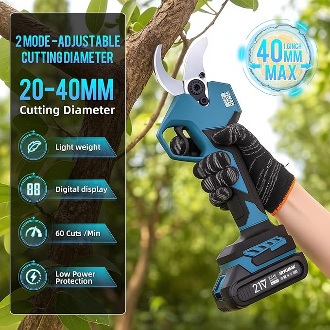 RYOJEGK 21V Brushless Electric Pruning Shears, 1.6-Inch Cutting Cordless Power Pruner with 2x2.0Ah Battery & 3 SK5 Blades, 2.4" Max Opening Garden Shears for Tree Trimming and Fruit Harvesting