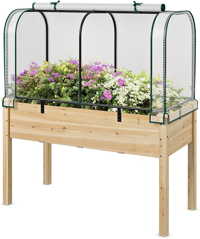 Happygrill Raised Garden Bed with Greenhouse Cover, Raised Bed with Legs & Drainage Holes for Herbs, Vegetables, Outdoor Wood Elevated Planter Box for Patio, Backyard, Balcony (White+Natural)