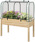 Happygrill Raised Garden Bed with Greenhouse Cover, Raised Bed with Legs & Drainage Holes for Herbs, Vegetables, Outdoor Wood Elevated Planter Box for Patio, Backyard, Balcony (White+Natural)
