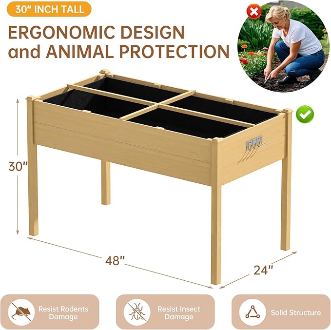 Acenova Raised Garden Bed Outdoor, 48 x 24 x 30 Inch Elevated Wooden Garden Bed with Legs and Liner, Raised Beds for Gardening with Grow Bag and Tool Hook, Planter Box for Patio Backyard Balcony