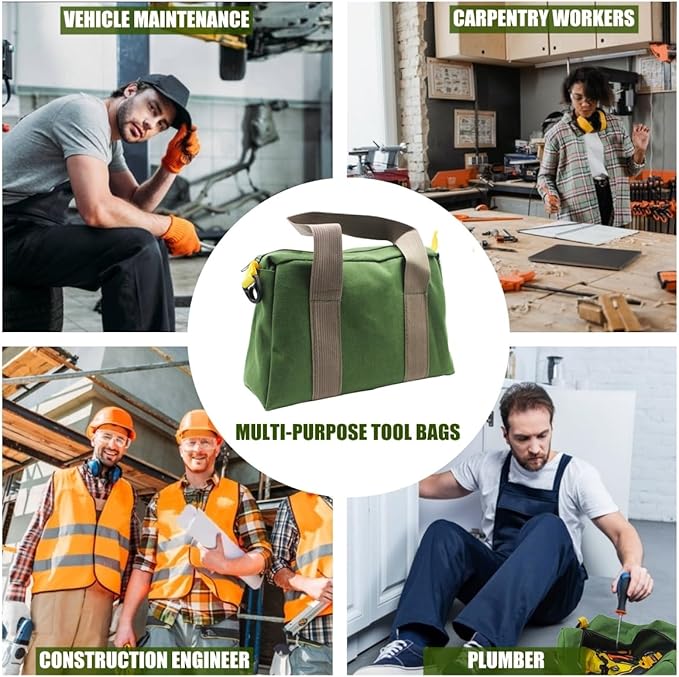 BLIRITEL 12 Inch Wide Mouth Tool Bag, Heavy Duty Canvas Tool Storage Bag, Large Capacity Handbag, Multi-function Tool Organizer Tote Bag for Storage Wrenches Pliers (Green, 12 Inch)