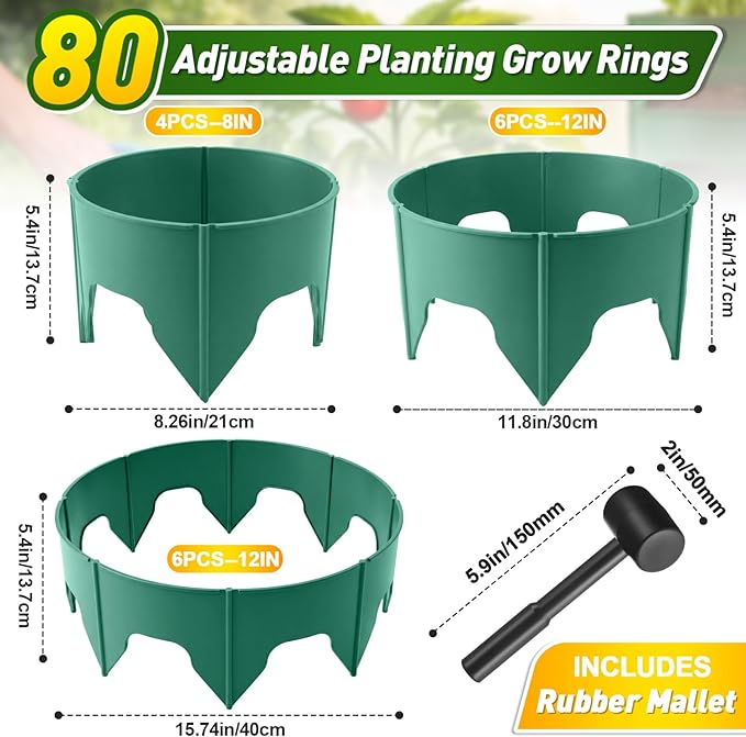 80 Pcs Planting Grow Rings, Diameter Range 8.2-15.7 Inches, Adjustable Interlocking Plant Support Rings with Mallet, Reusable Tree Watering Ring for Garden Root Irrigation (Green)