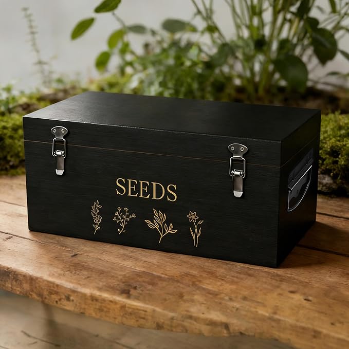 Bamboo Seed Storage Organizer, Large Garden Seed Organizer with Lid & Safety Lock & Handles, Seed Box Includes Seed Envelopes and Labels etc, Great Gifts Gardening Kit (Black)