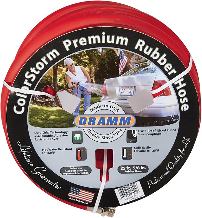 Dramm ColorStorm Premium Rubber Garden Hose – 50 ft Heavy Duty 5/8" Water Hose – Kink Resistant, Crush-Proof Nickel-Plated Couplings – Made in USA - Red