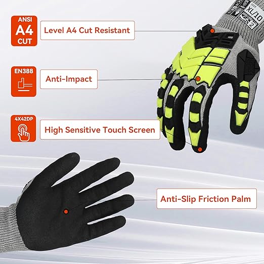 2 Pairs Safety Work Gloves,Impact Gloves for Men Women,Cut Resistant Non-Slip Heavy Duty Gloves with Nitrile Grip,Touch Screen Glove with Impact Protection for Mechanic Construction, XX-Large