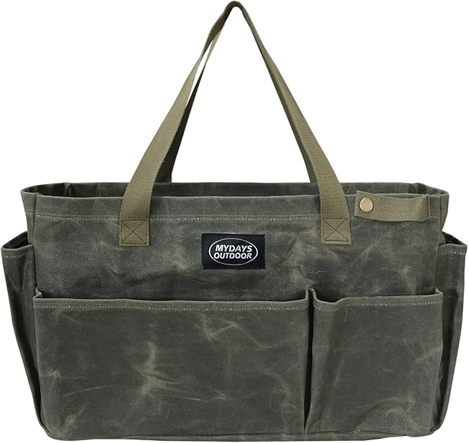 Portable Garden Camping Tool Storage Bag,Waxed Canvas Firewood Carrier Tote bag,Collapsible Sturdy Garden Basket Great for Women, Gardener, Electrician, Repairer(Army Green)