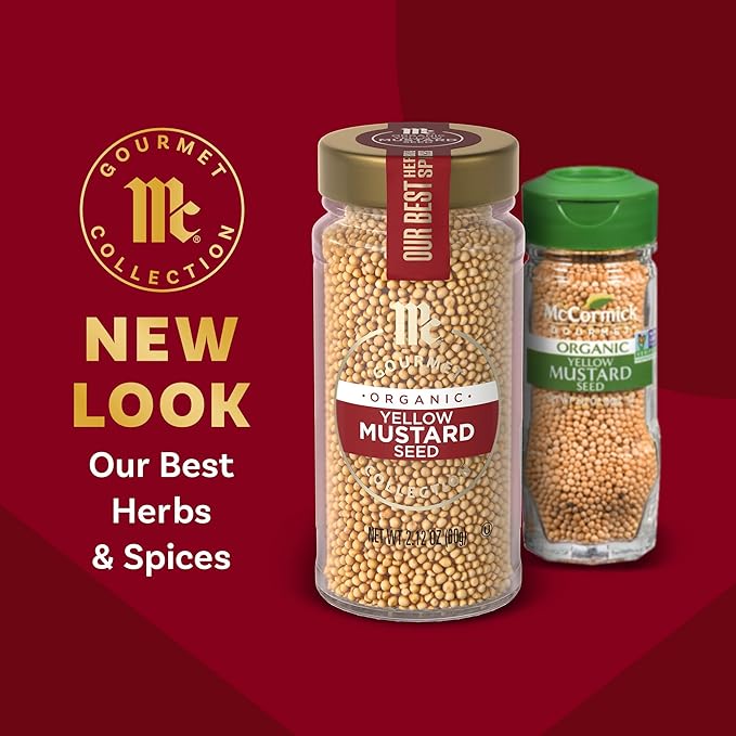 McCormick Gourmet Collection Yellow Mustard Seed, Organic, Non GMO, Our Best Herbs & Spices, Pungent Flavor for Pickled Vegetables, Potato Salad, Salad Dressings & More, 2.12 oz
