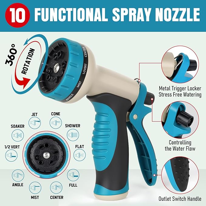 Heavy Duty Garden Hose 35 ft, NON-EXPANDABLE Water Hose with 10 Function Spray Nozzle, Lightweight Kink-less Hybrid Hose with Swivel Handle, Male to Female Fittings