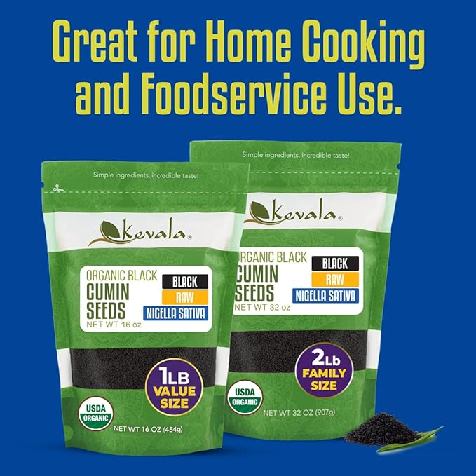 Kevala Organic Raw Black Cumin Seeds (Nigella Sativa) - Gluten Free Seasoning for Salads, Vegan Option for a Variety of Diets, For Healthy Cooking in Restaurants, Kitchen Staple, 1lb, 16 oz