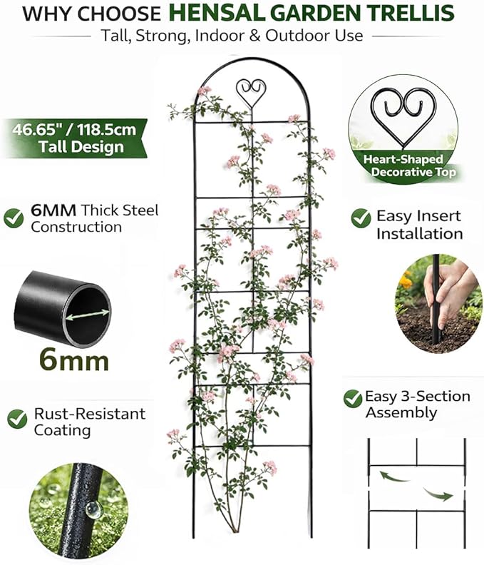 46" Metal Garden Trellis, 3-Section Plant Trellis for Climbing Plants Indoor & Outdoor, Plant Support for Roses, Vines & Vegetables, 1 Pack, Black