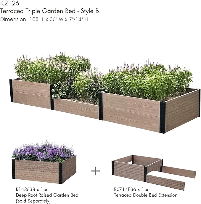 Everbloom Modular 36” Terraced Double Bed Extension (Only Used Raised Garden Bed R073638, R143638 or R0714D36)-Unlimited Possibilities for A Premium Garden Bed