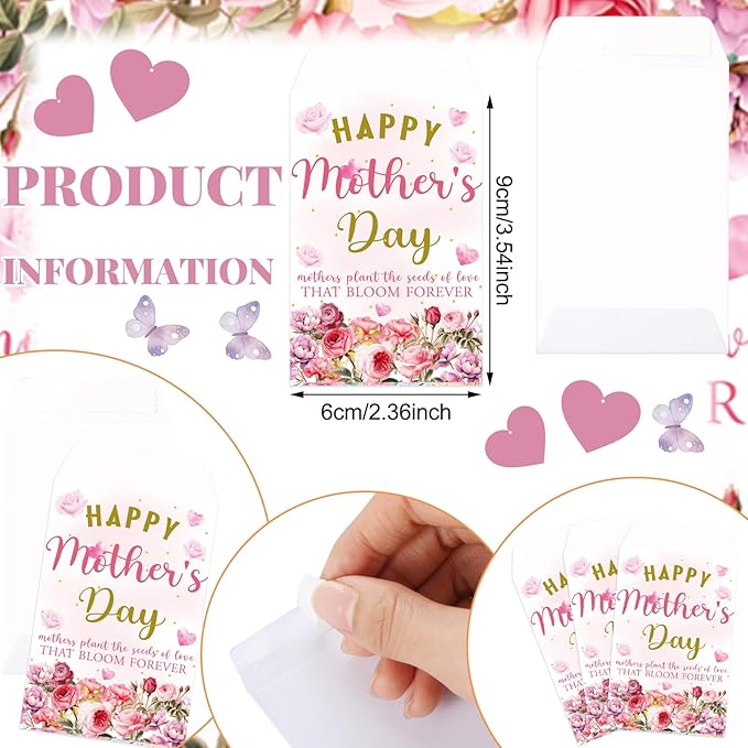 Ctosree 50 Sets Happy Mother's Day Gift Thank You Seed Packets Include Self Adhesive Seed Packets Flowerpot Thank You Tags Organza Bags for Mother's Day Appreciation Gifts