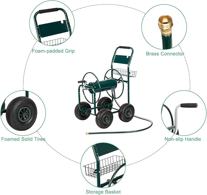 VINGLI 4-Wheel Garden Hose Reel Cart with Storage Basket, Portable Residential Hose Reel Cart, Lawn Watering, for Garden Backyard and Farm (Green)