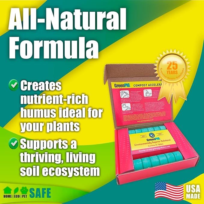 Green Pig Commercial Strength Compost Accelerator Converts Yard Waste to Fertile Humus in 30 Days and Helps Control Odors Associated with Compost Piles, 1 Box (12 Dissolvable Tablets)