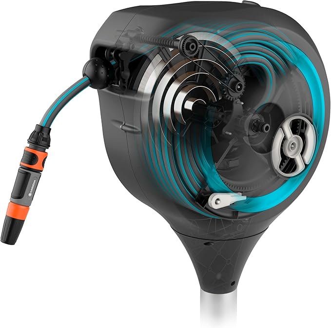 GARDENA 18604 | 50' x 1/2" Automatic Retractable Garden Hose Reel for Outside Use on Metal Spike With Easy Swivel for Simple Watering of Gardens and Grass. Easy Installation in Ground
