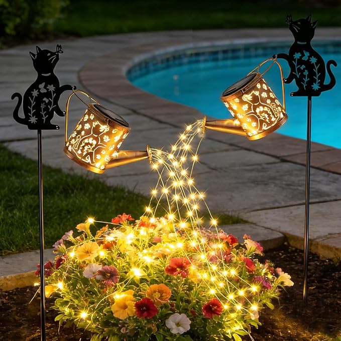 Outdoor Solar Cat Garden Decorative, 2 Pcs Solar Watering Can with Light, Featuring Metal Cat Silhouette Stake, Day Gift for Women, Waterproof, for Landscape, Lawn, Garden Path Decor