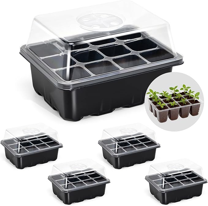 5-Pack Seed Starter Tray Seedling Kits,Plant Starter Kit with Adjustable Humidity Dome and Base Indoor Greenhouse Mini Propagator for Seeds Growing Starting(Blck)